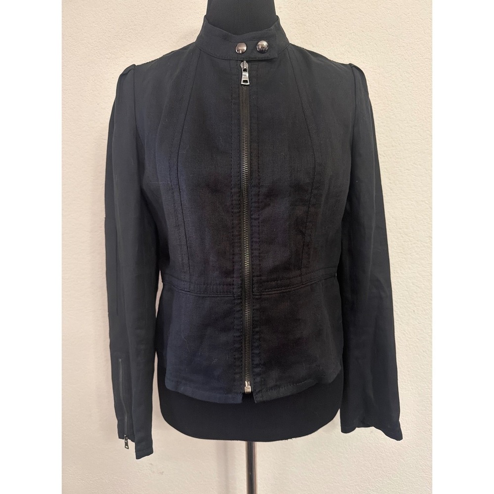 Ann Taylor Black 100% Linen Full Zip Mock Neck‎ Jacket Womens 4 NEW
